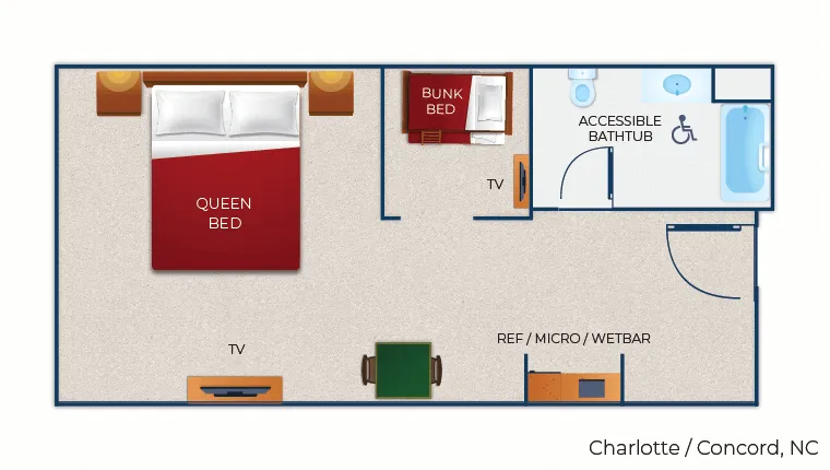 The floor plan for the accessible bathtub Wolf Den Suite 